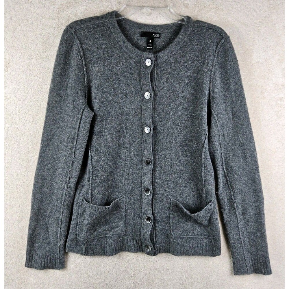 Aqua Women's 100% Cashmere Button Front Cardigan Sweater Grey Size L